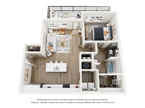 A 3D rendering of a modern, minimalist apartment with a kitchen, living room, and bedroom.